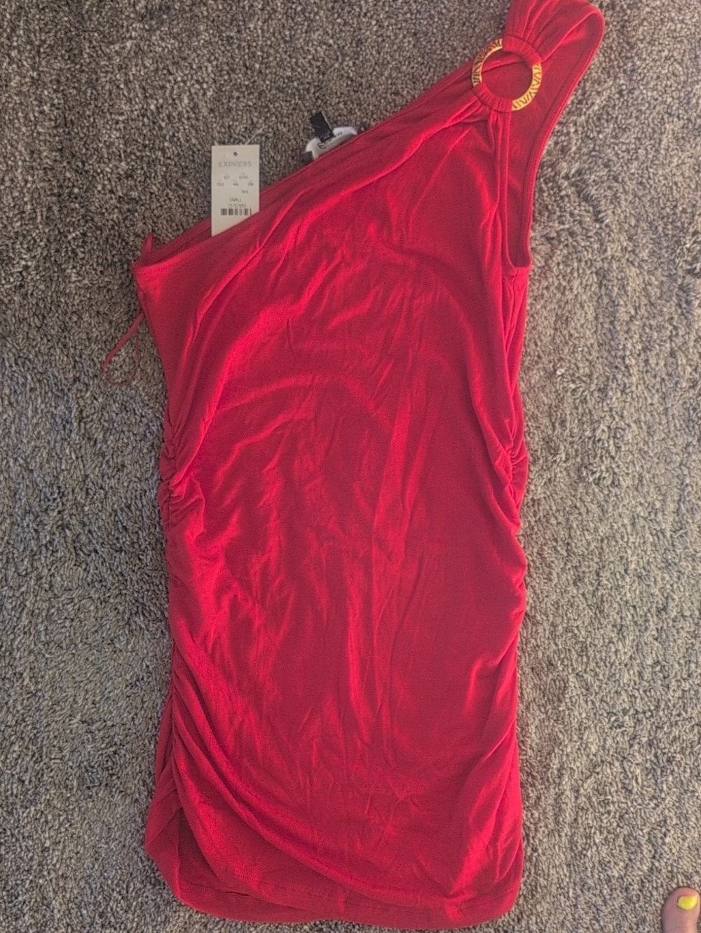 Express One-Shoulder Red Ruched Top with Gold Ring Size Small